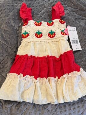 Rare Editions Crochet Strawberry Sun Dress Girl Size 4 NWT